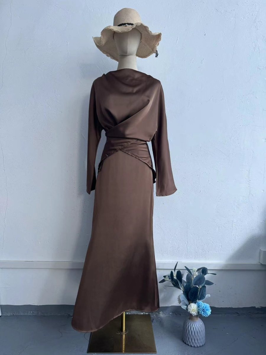 Elegant Long Sleeve Taupe Satin Cross-Lace Waist Skirt Two-Piece Abaya Outfit(MA208)