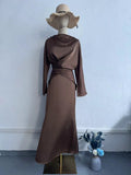 Elegant Long Sleeve Taupe Satin Cross-Lace Waist Skirt Two-Piece Abaya Outfit(MA208)