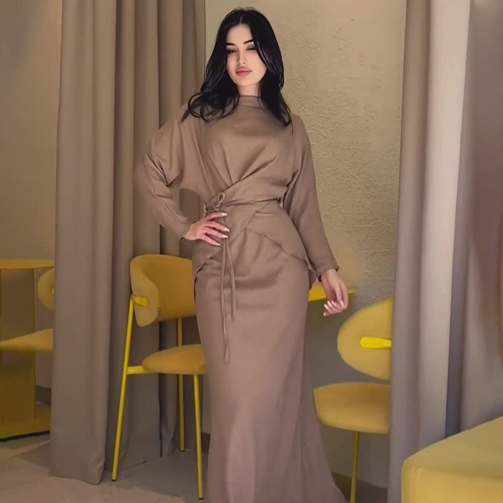 Elegant Long Sleeve Taupe Satin Cross-Lace Waist Skirt Two-Piece Abaya Outfit(MA208)