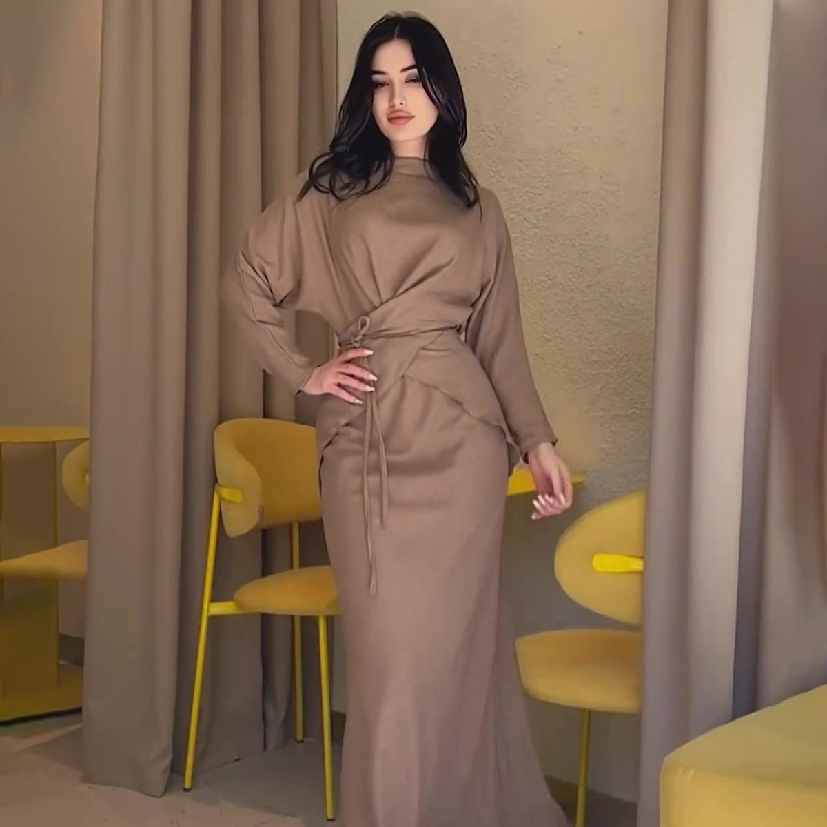 Elegant Long Sleeve Taupe Satin Cross-Lace Waist Skirt Two-Piece Abaya Outfit(MA208)