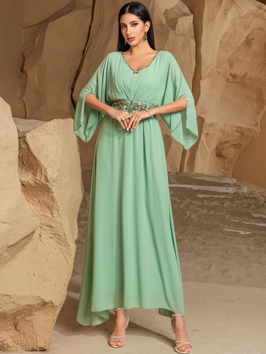 Elegant Mint Green V-Neck Swing Flowy A-Line Maxi Dress with Bell Sleeves & Embellished Belt Abaya (MA189)