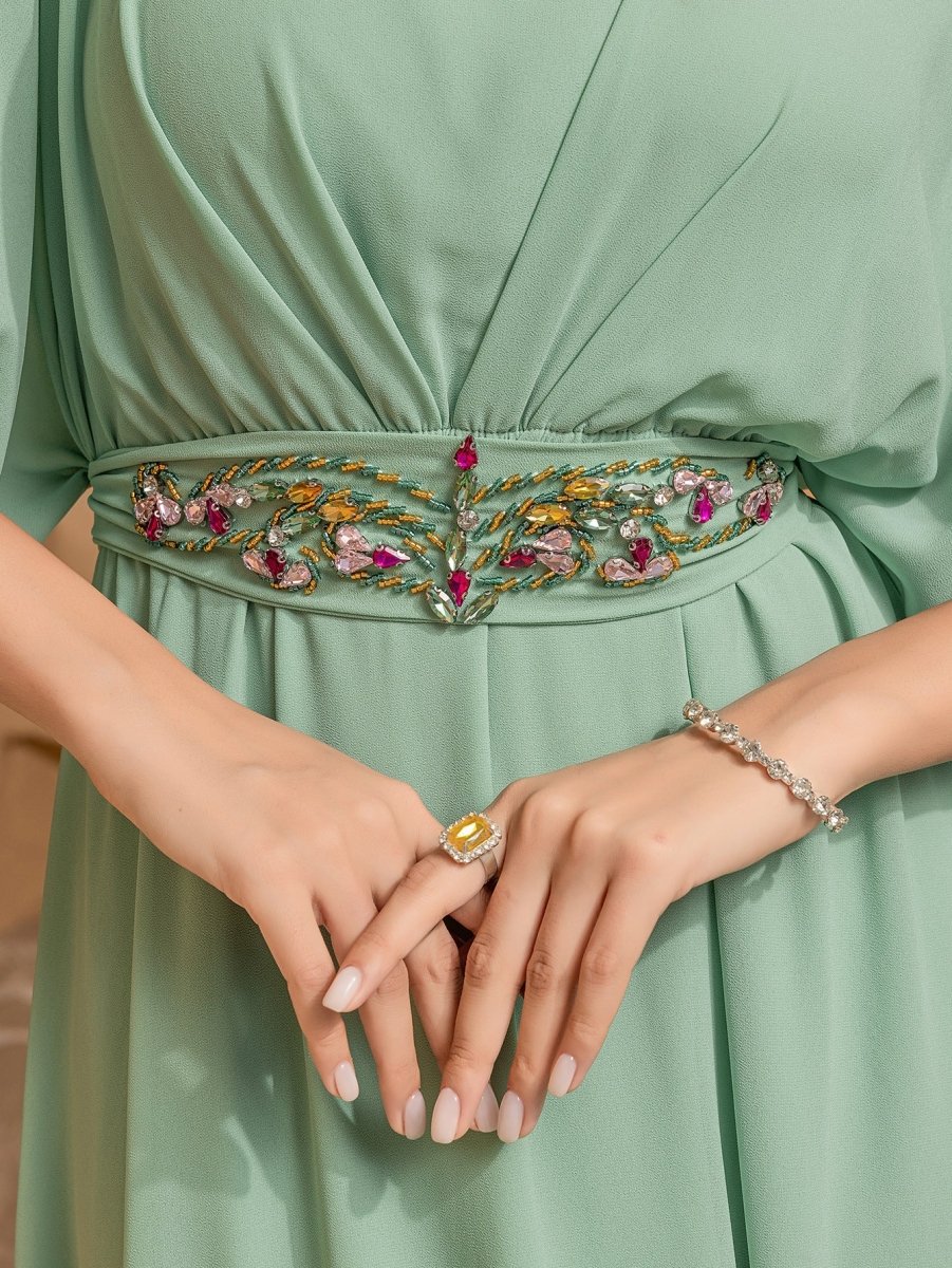 Elegant Mint Green V-Neck Swing Flowy A-Line Maxi Dress with Bell Sleeves & Embellished Belt Abaya (MA189)