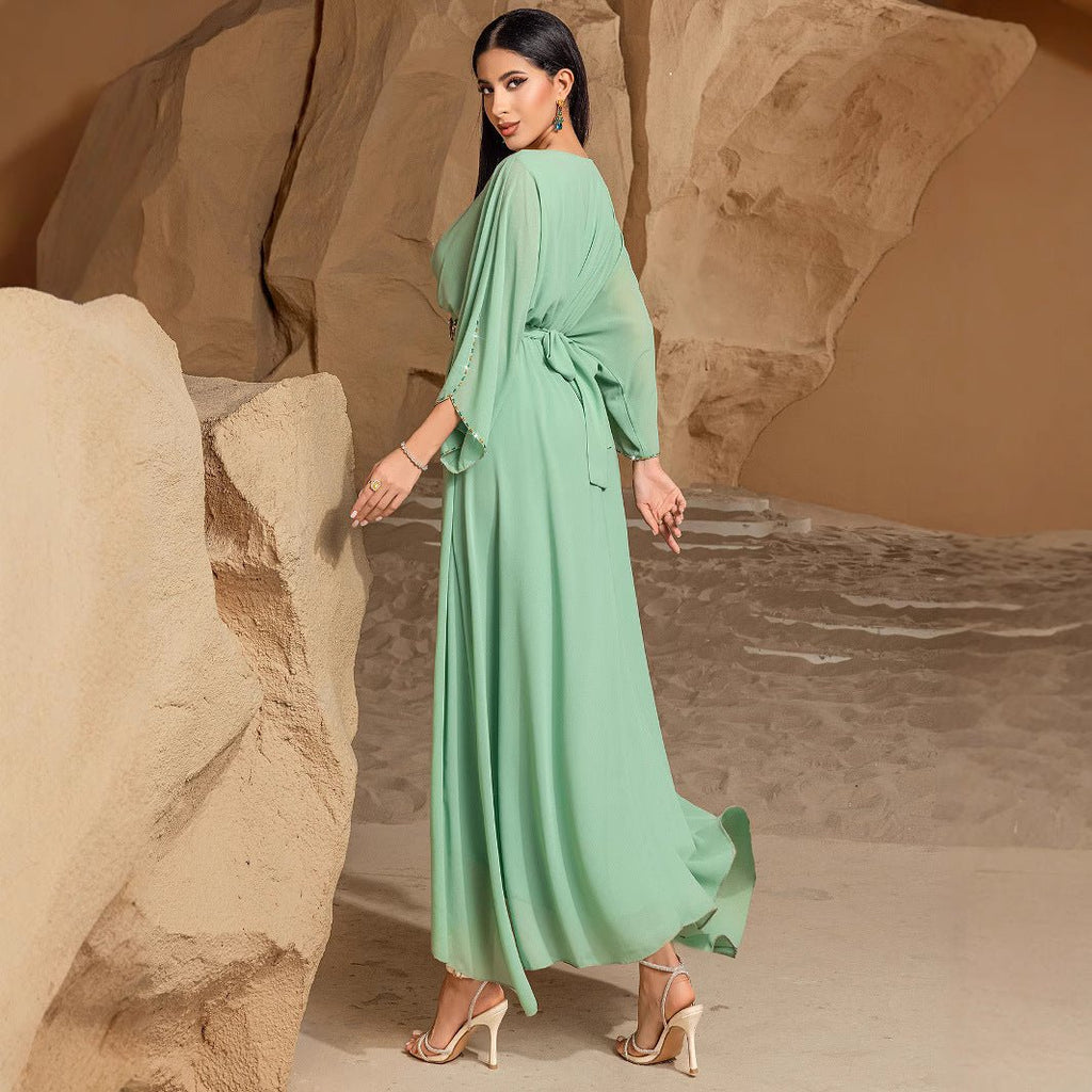 Elegant Mint Green V-Neck Swing Flowy A-Line Maxi Dress with Bell Sleeves & Embellished Belt Abaya (MA189)