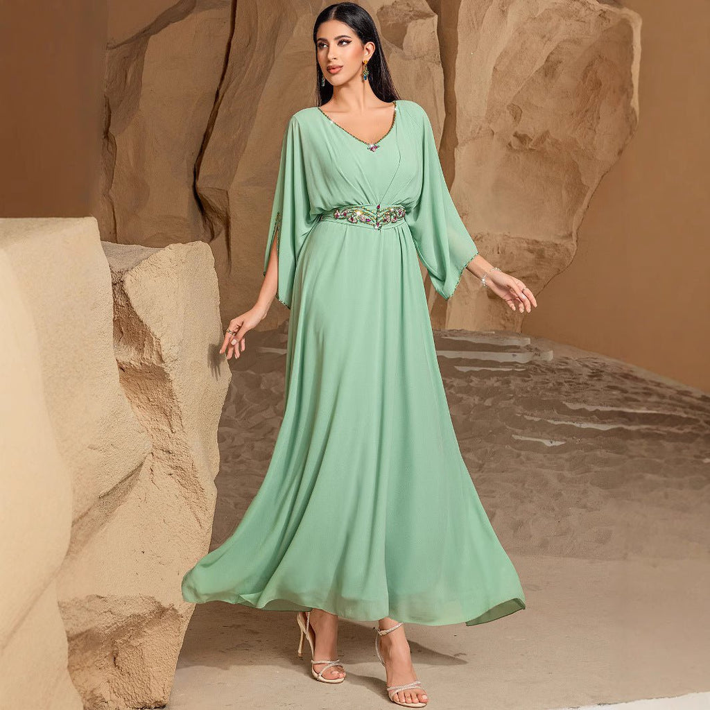 Elegant Mint Green V-Neck Swing Flowy A-Line Maxi Dress with Bell Sleeves & Embellished Belt Abaya (MA189)