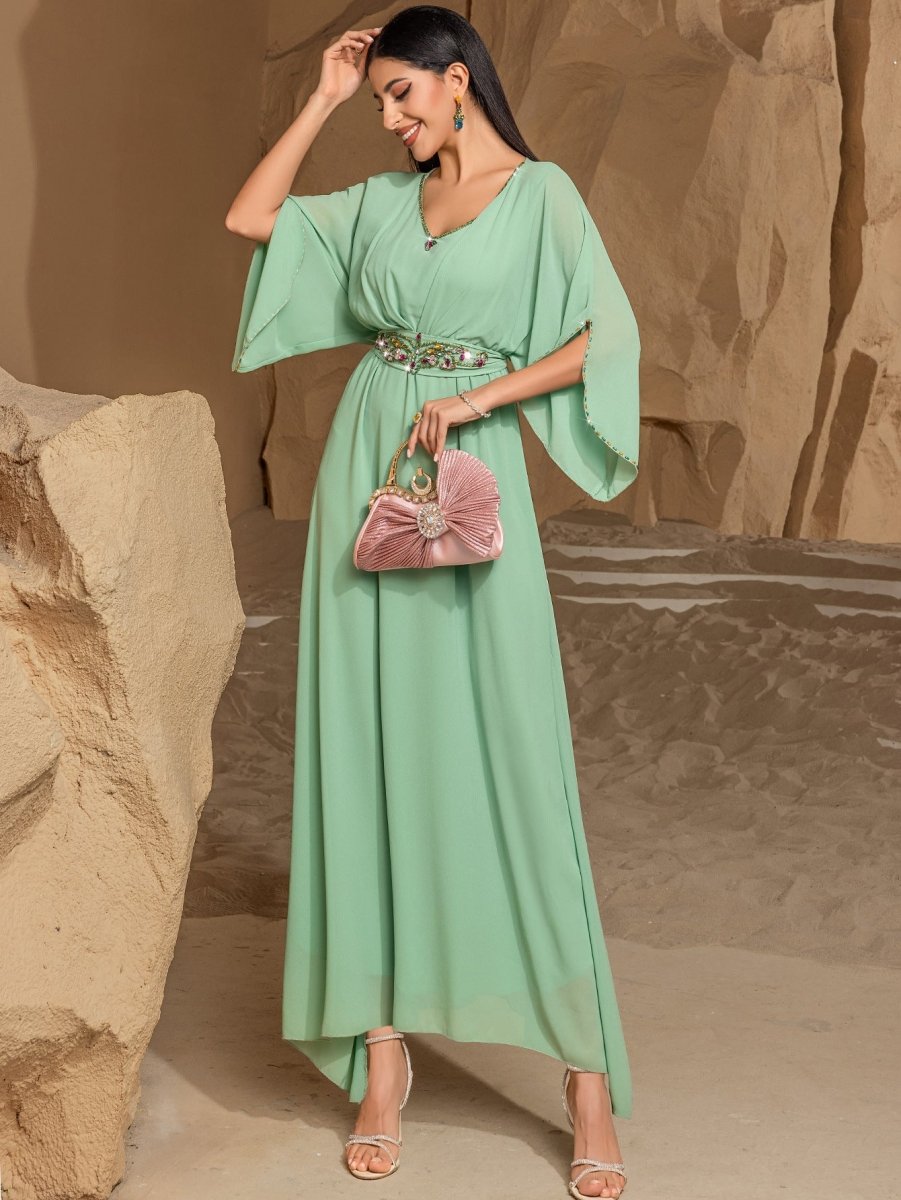 Elegant Mint Green V-Neck Swing Flowy A-Line Maxi Dress with Bell Sleeves & Embellished Belt Abaya (MA189)