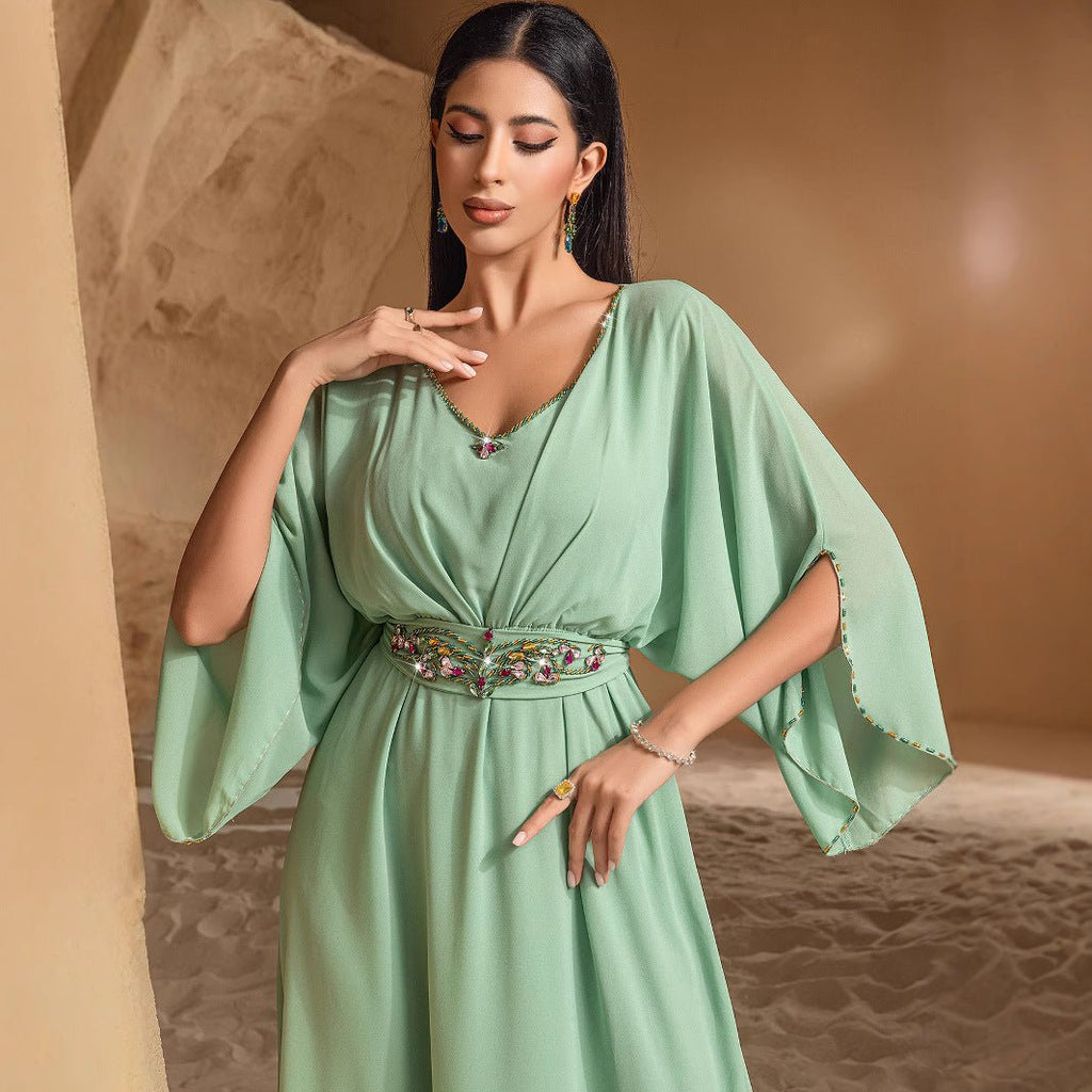 Elegant Mint Green V-Neck Swing Flowy A-Line Maxi Dress with Bell Sleeves & Embellished Belt Abaya (MA189)