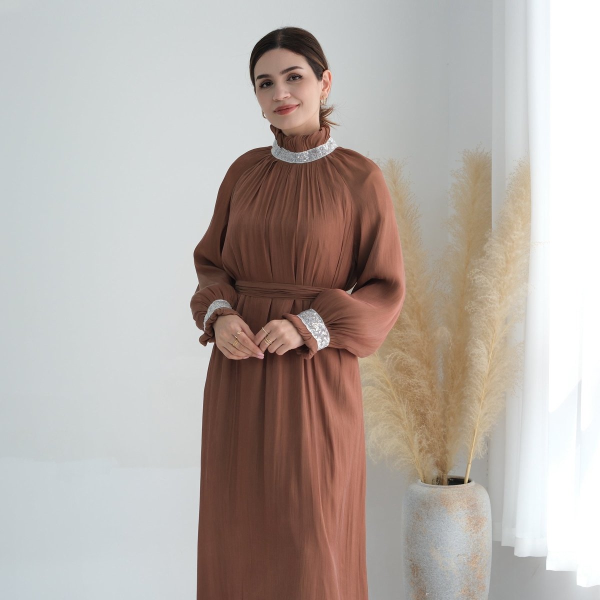 Elegant Modest Long Sleeve High-Neck Lace-Up Solid Color Dress Abaya (MA213)