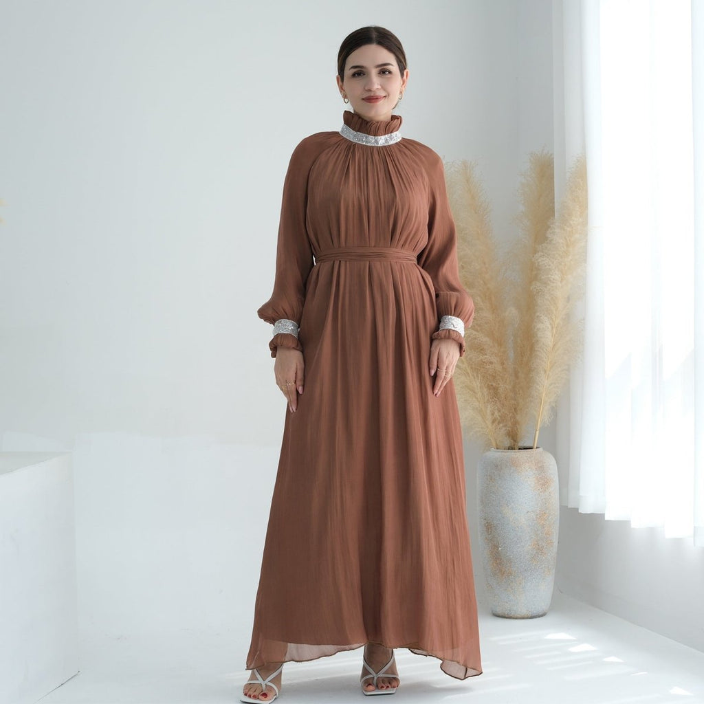 Elegant Modest Long Sleeve High-Neck Lace-Up Solid Color Dress Abaya (MA213)