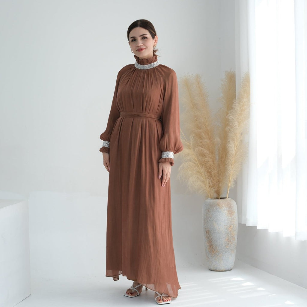 Elegant Modest Long Sleeve High-Neck Lace-Up Solid Color Dress Abaya (MA213)