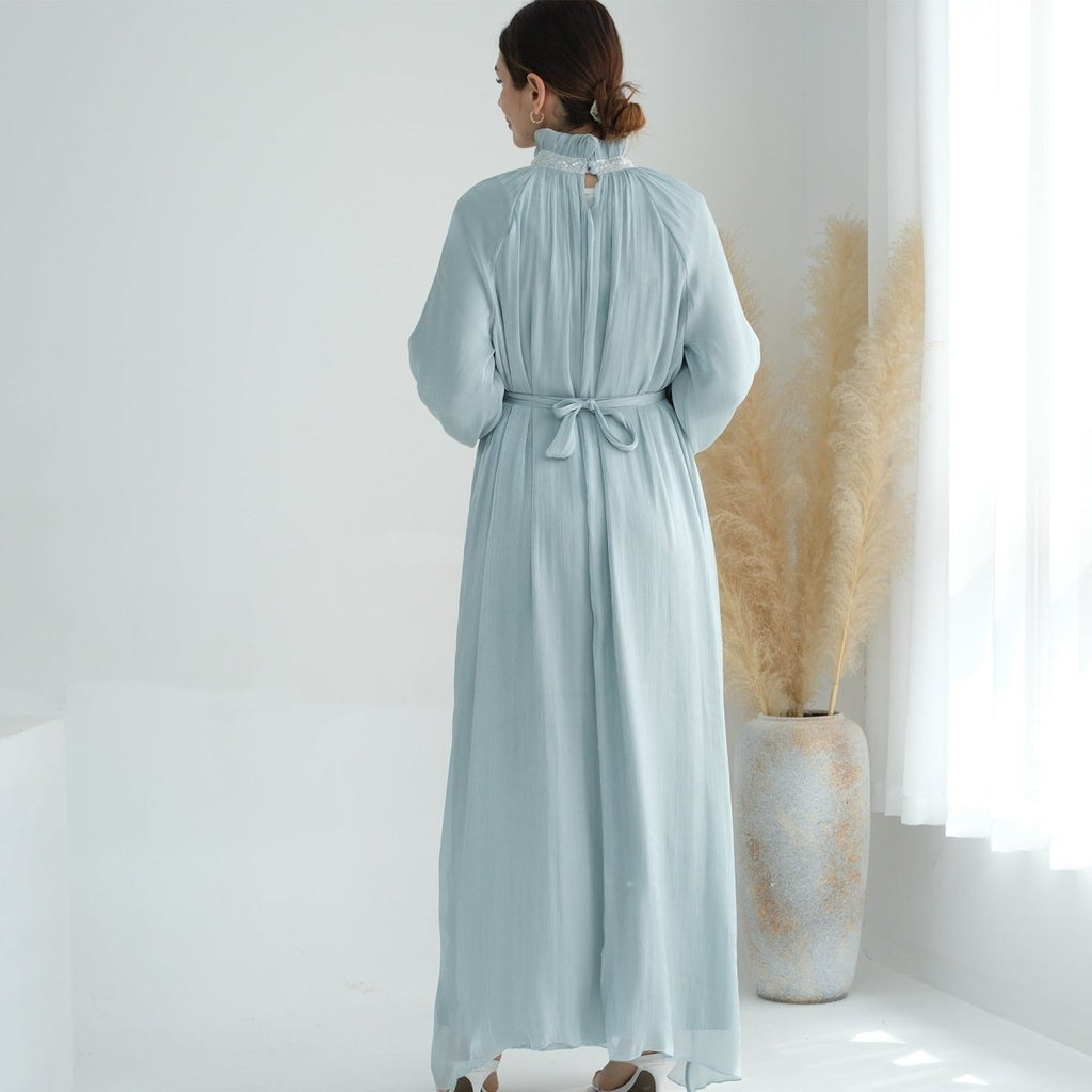 Elegant Modest Long Sleeve High-Neck Lace-Up Solid Color Dress Abaya (MA213)