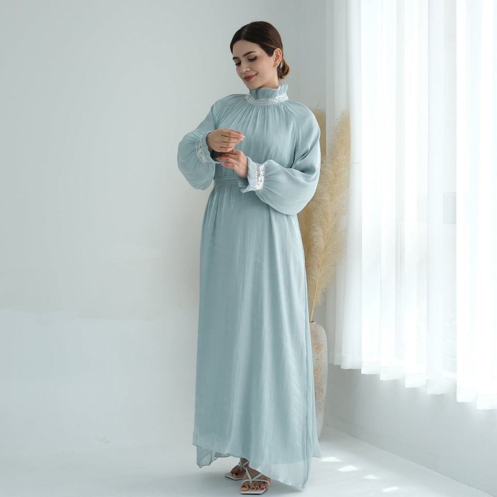 Elegant Modest Long Sleeve High-Neck Lace-Up Solid Color Dress Abaya (MA213)
