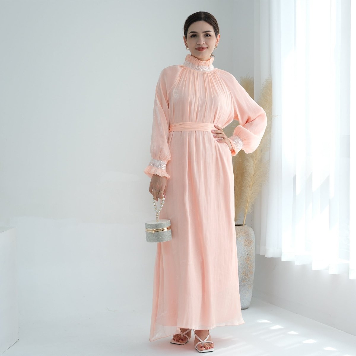Elegant Modest Long Sleeve High-Neck Lace-Up Solid Color Dress Abaya (MA213)