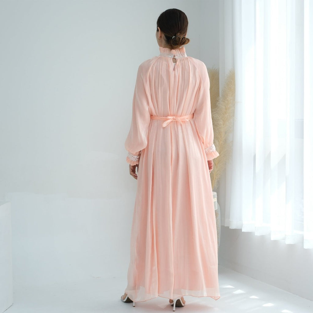 Elegant Modest Long Sleeve High-Neck Lace-Up Solid Color Dress Abaya (MA213)