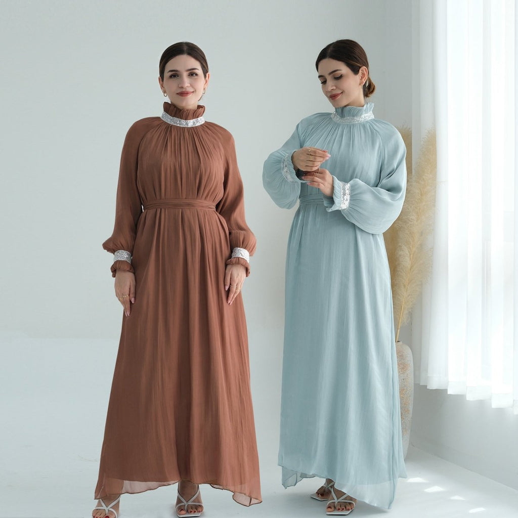 Elegant Modest Long Sleeve High-Neck Lace-Up Solid Color Dress Abaya (MA213)