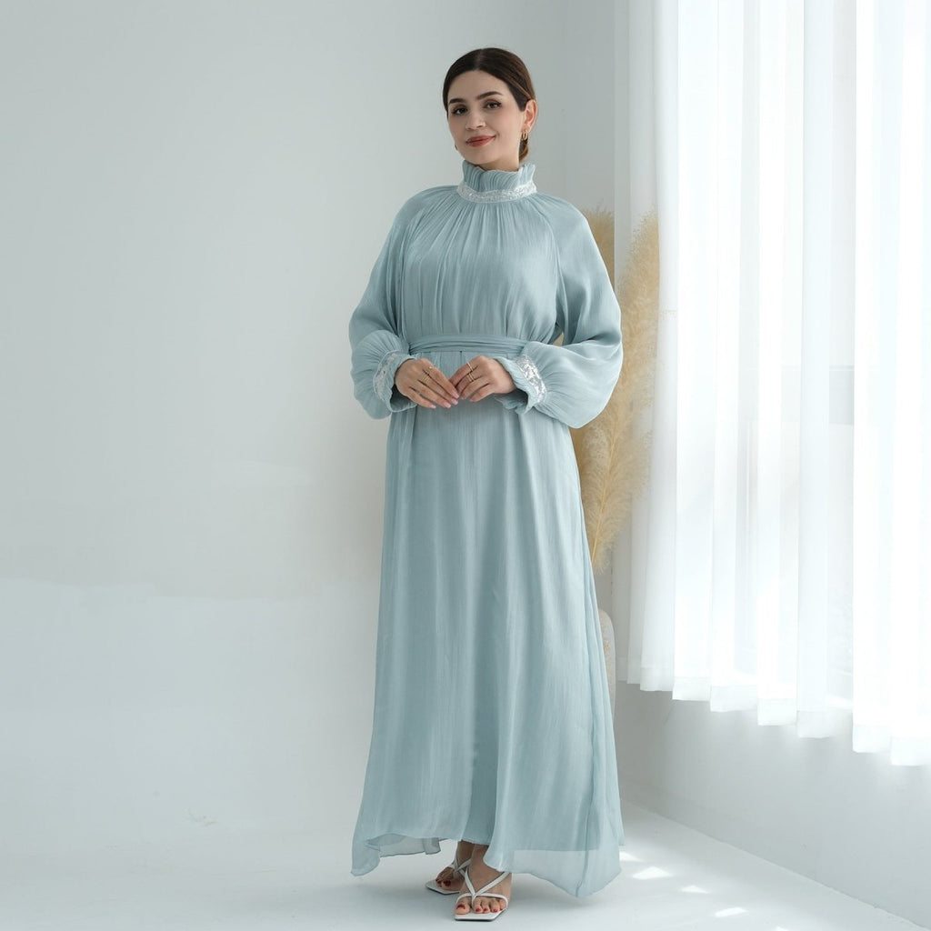 Elegant Modest Long Sleeve High-Neck Lace-Up Solid Color Dress Abaya (MA213)