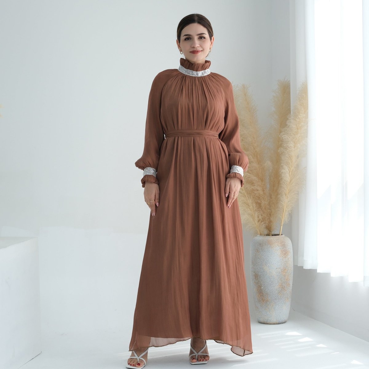 Elegant Modest Long Sleeve High-Neck Lace-Up Solid Color Dress Abaya (MA213)