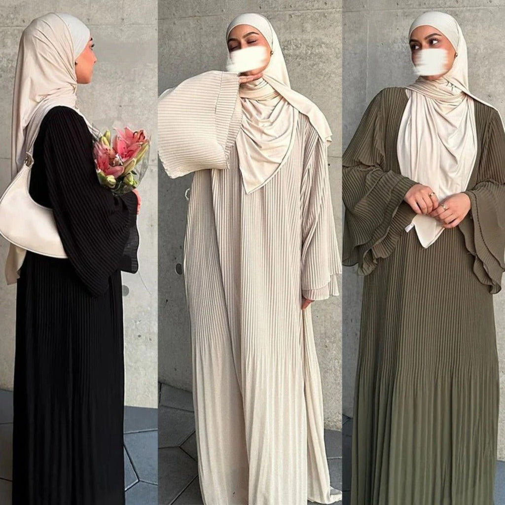 Elegant Muslim Women's Pleated Chiffon Pullover Robe Dress Modest Solid Color Abaya with Flared Sleeves (MA176)