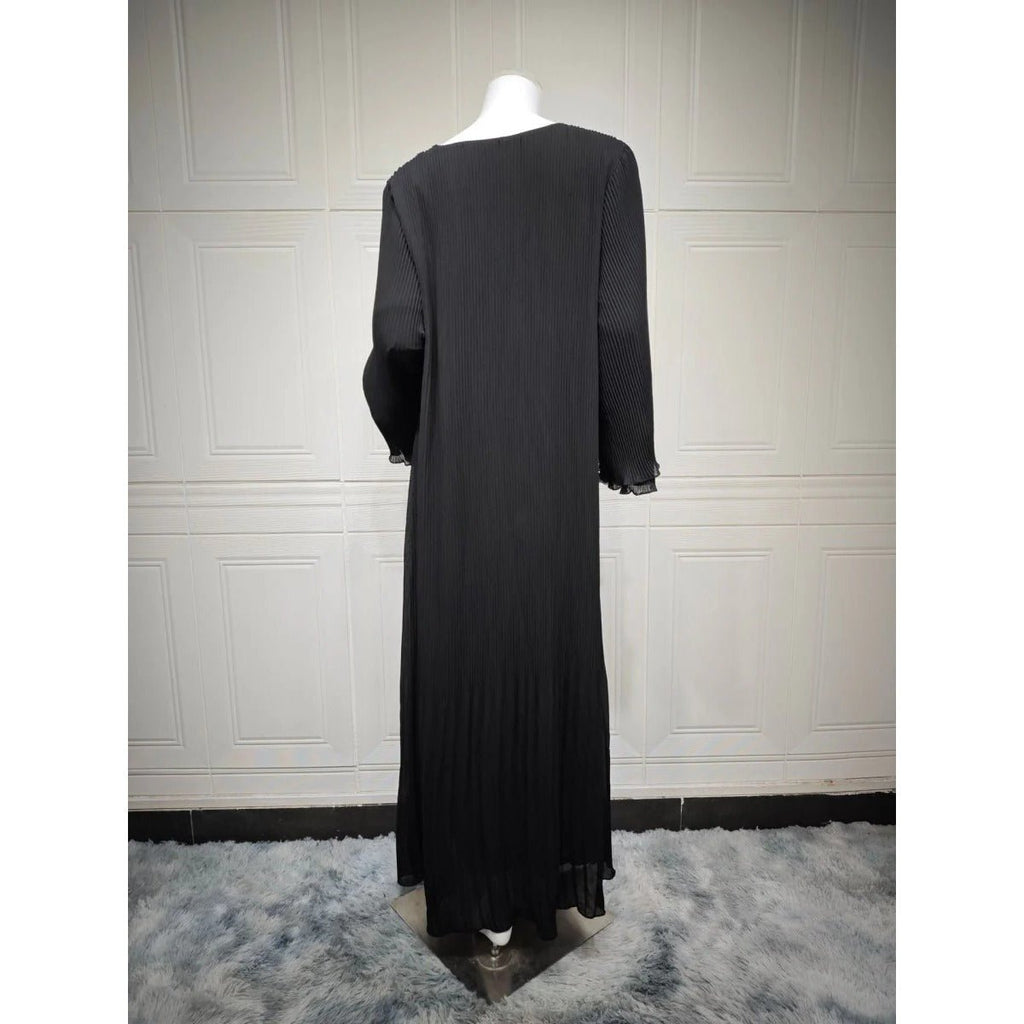 Elegant Muslim Women's Pleated Chiffon Pullover Robe Dress Modest Solid Color Abaya with Flared Sleeves (MA176)