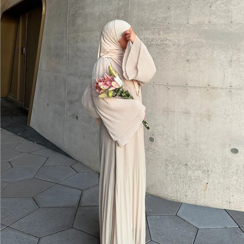 Elegant Muslim Women's Pleated Chiffon Pullover Robe Dress Modest Solid Color Abaya with Flared Sleeves (MA176)