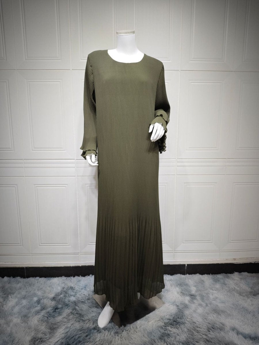 Elegant Muslim Women's Pleated Chiffon Pullover Robe Dress Modest Solid Color Abaya with Flared Sleeves (MA176)