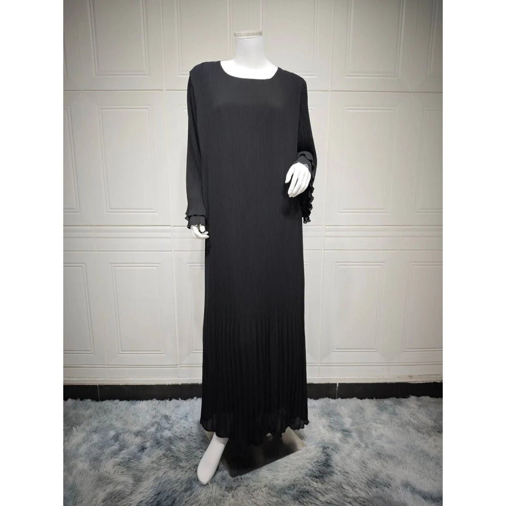 Elegant Muslim Women's Pleated Chiffon Pullover Robe Dress Modest Solid Color Abaya with Flared Sleeves (MA176)