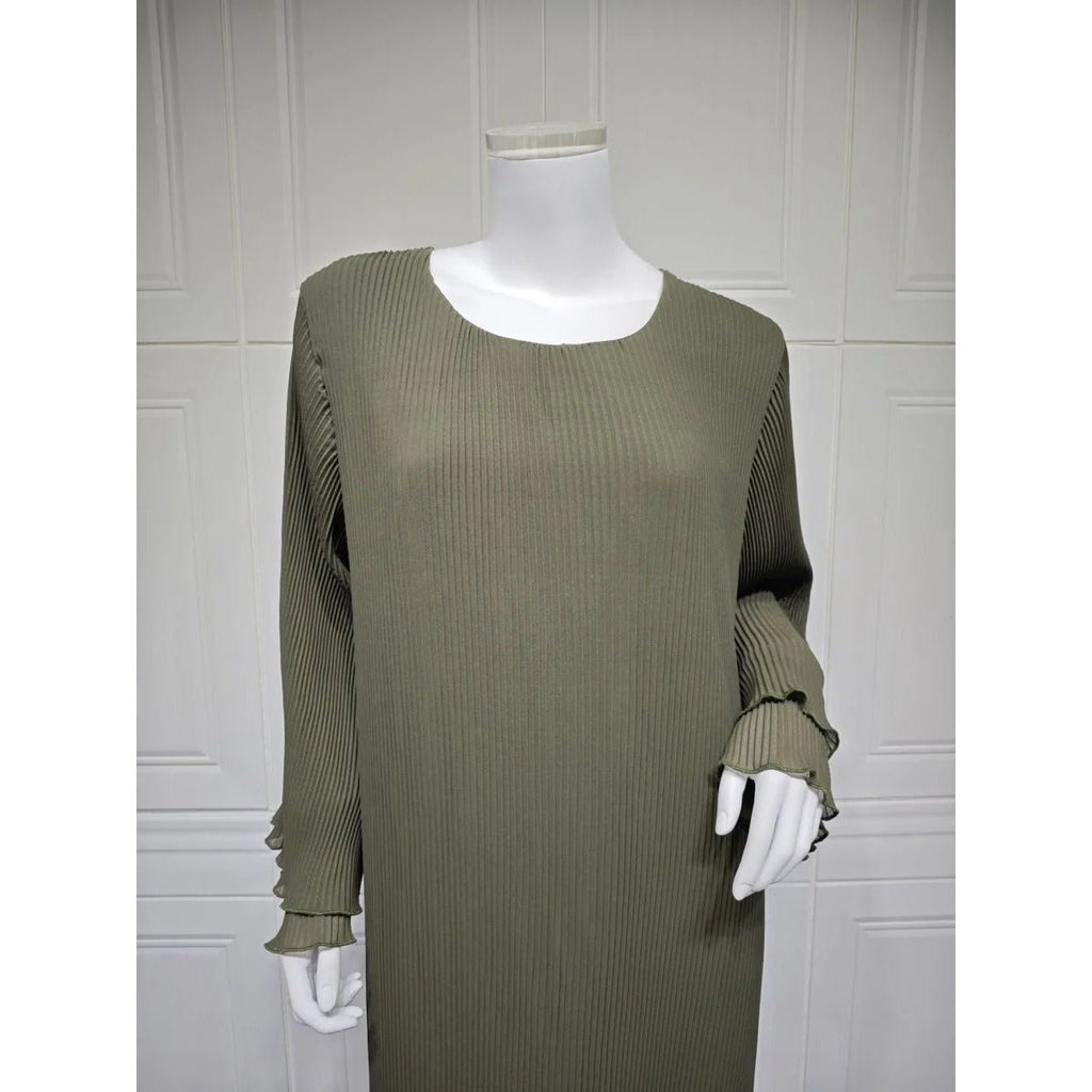 Elegant Muslim Women's Pleated Chiffon Pullover Robe Dress Modest Solid Color Abaya with Flared Sleeves (MA176)