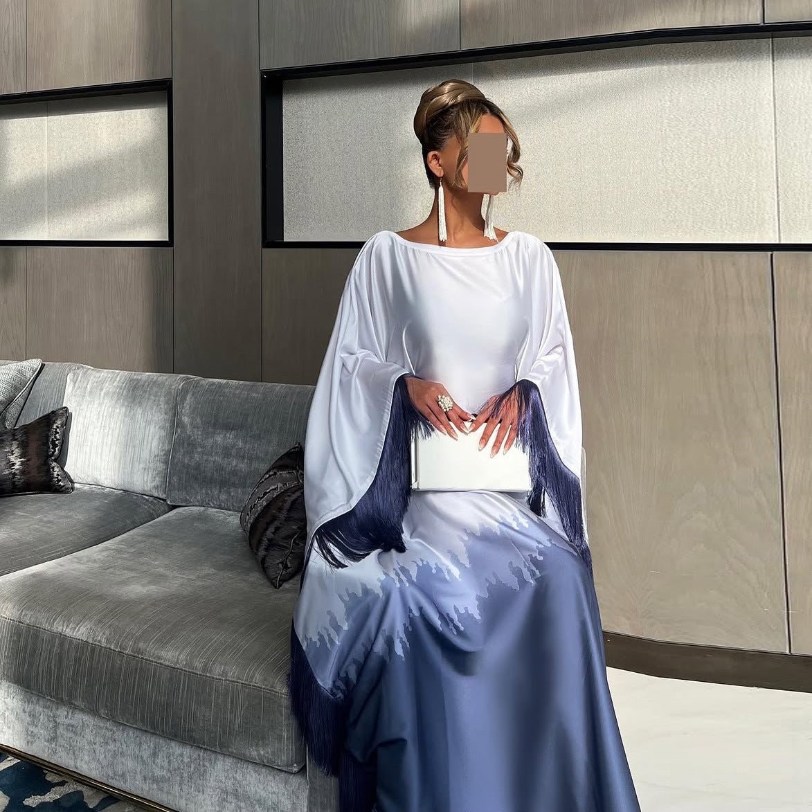 Elegant Ombre Gradient Abaya | Gradient Print Fringed Robe Dress Abaya (MA179)