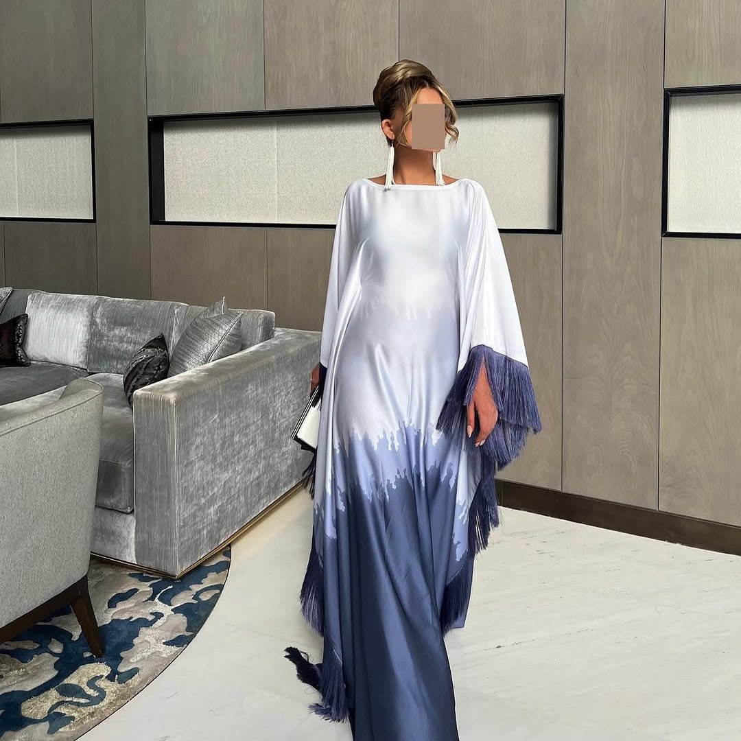 Elegant Ombre Gradient Abaya | Gradient Print Fringed Robe Dress Abaya (MA179)