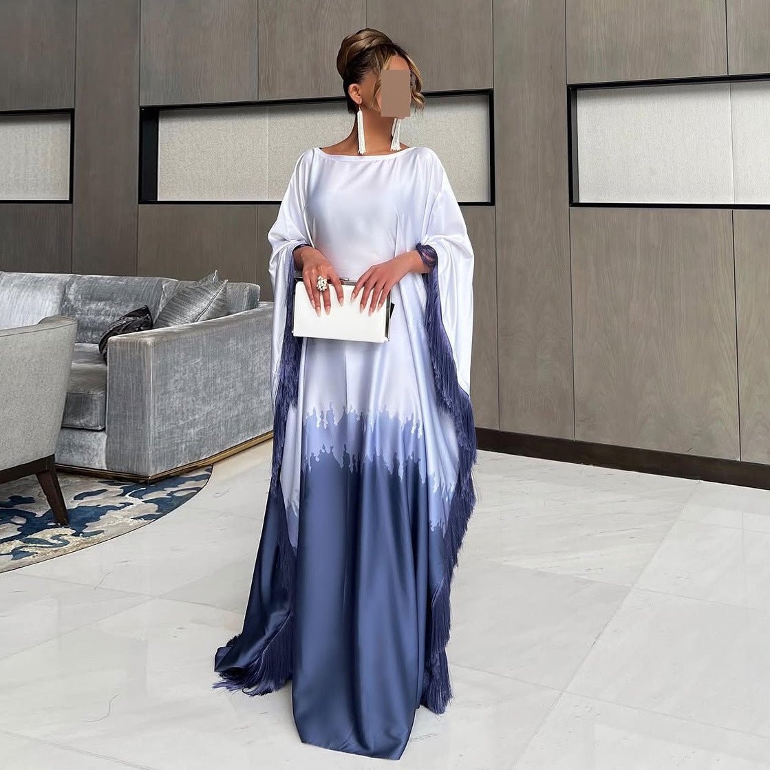 Elegant Ombre Gradient Abaya | Gradient Print Fringed Robe Dress Abaya (MA179)