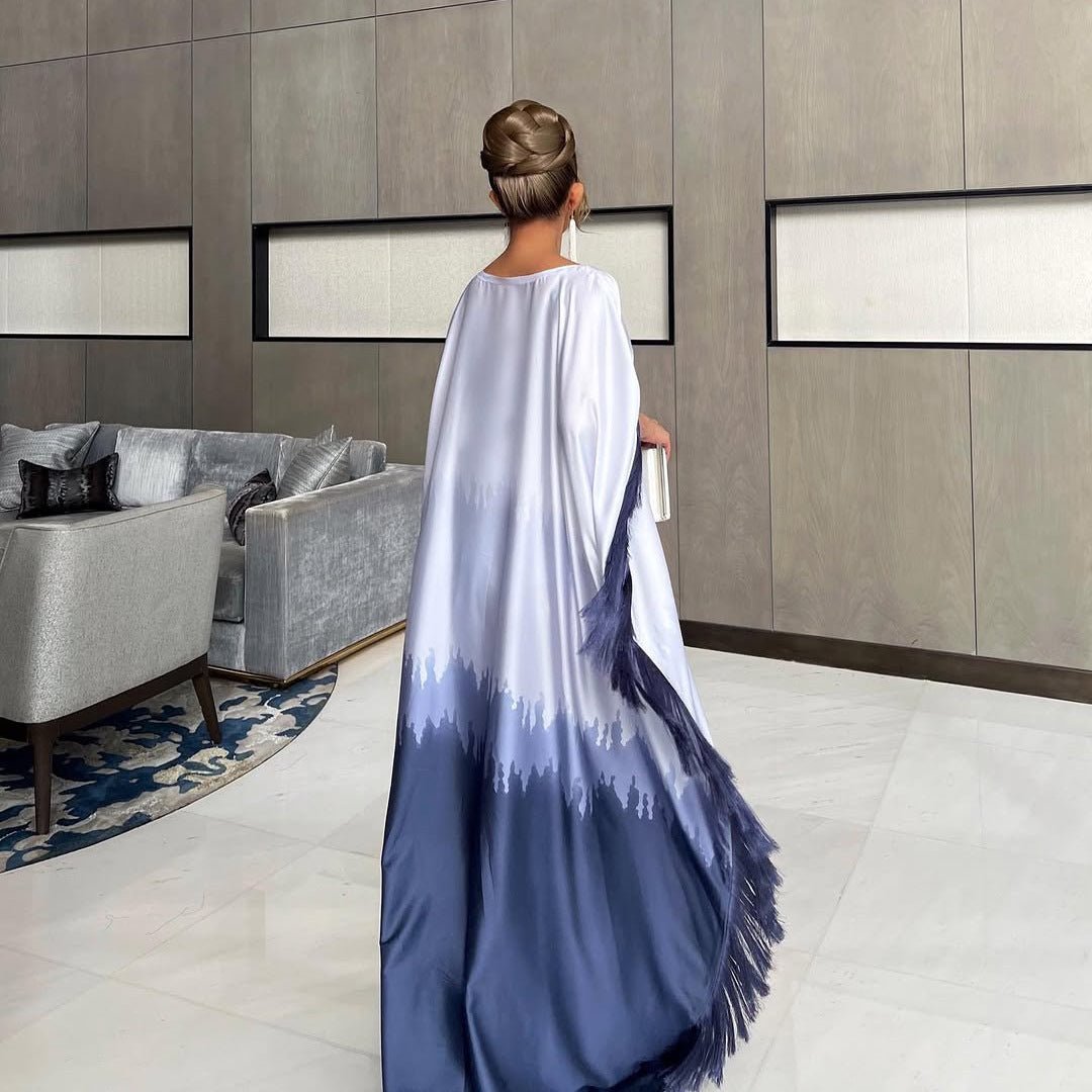 Elegant Ombre Gradient Abaya | Gradient Print Fringed Robe Dress Abaya (MA179)