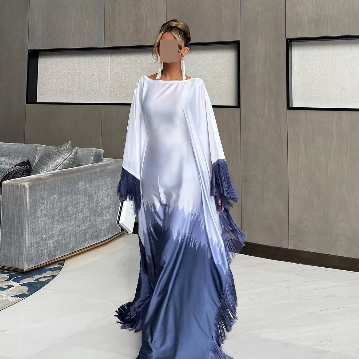 Elegant Ombre Gradient Abaya | Gradient Print Fringed Robe Dress Abaya (MA179)