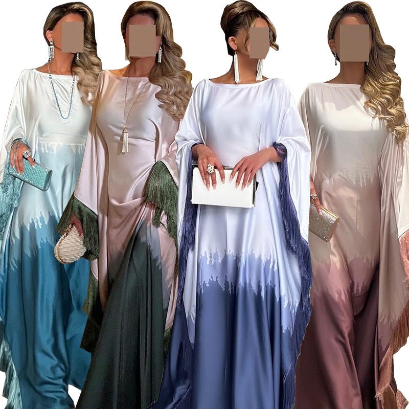 Elegant Ombre Gradient Abaya | Gradient Print Fringed Robe Dress Abaya (MA179)
