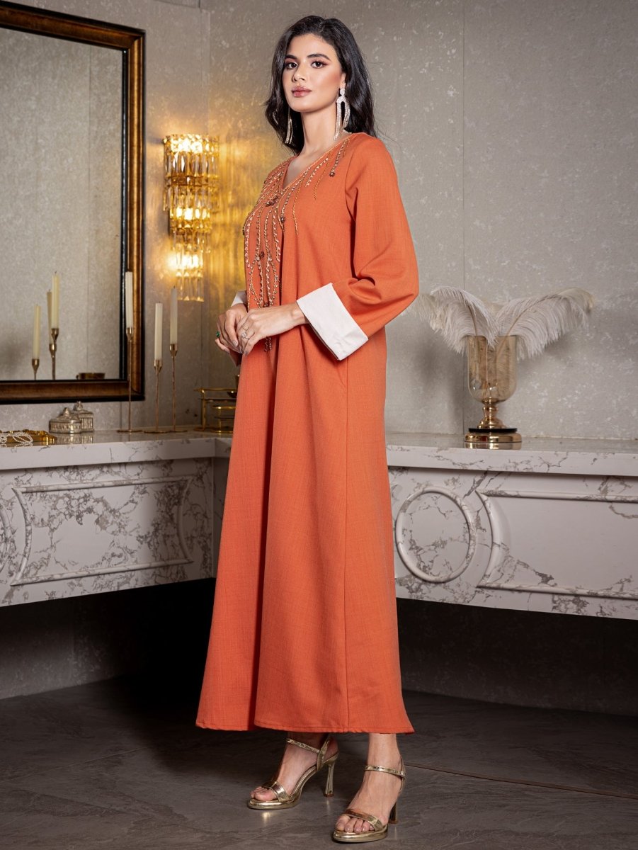Elegant Orange V-Neck Loose Hand-Sewn Diamond & Pearl Embellished Long Dress with Contrast Cuffs Abaya (MA191)