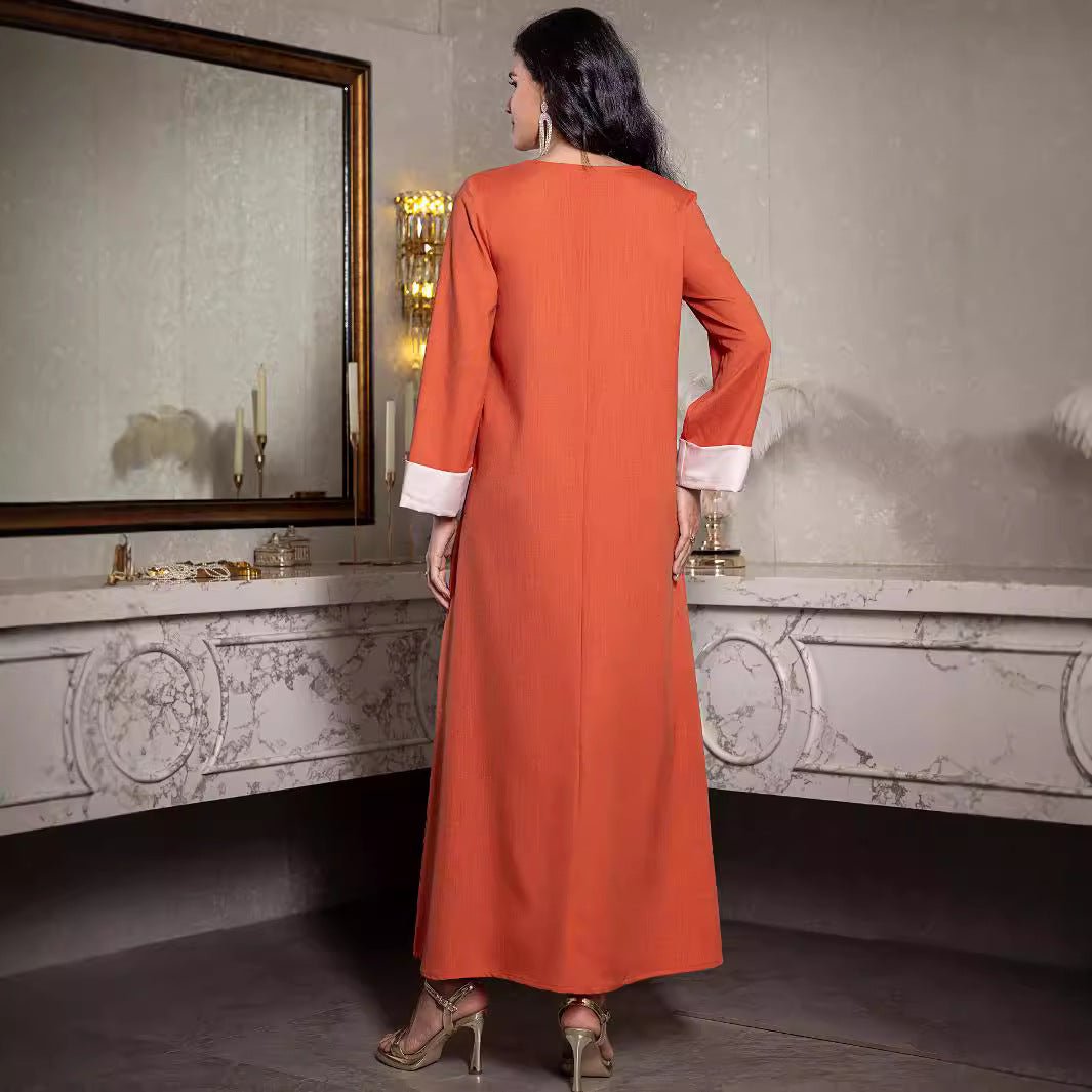 Elegant Orange V-Neck Loose Hand-Sewn Diamond & Pearl Embellished Long Dress with Contrast Cuffs Abaya (MA191)