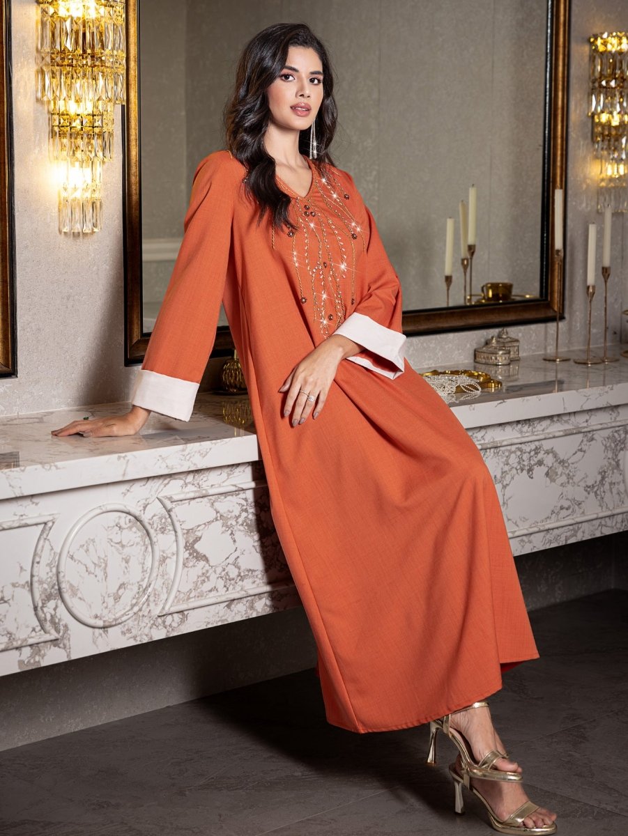 Elegant Orange V-Neck Loose Hand-Sewn Diamond & Pearl Embellished Long Dress with Contrast Cuffs Abaya (MA191)