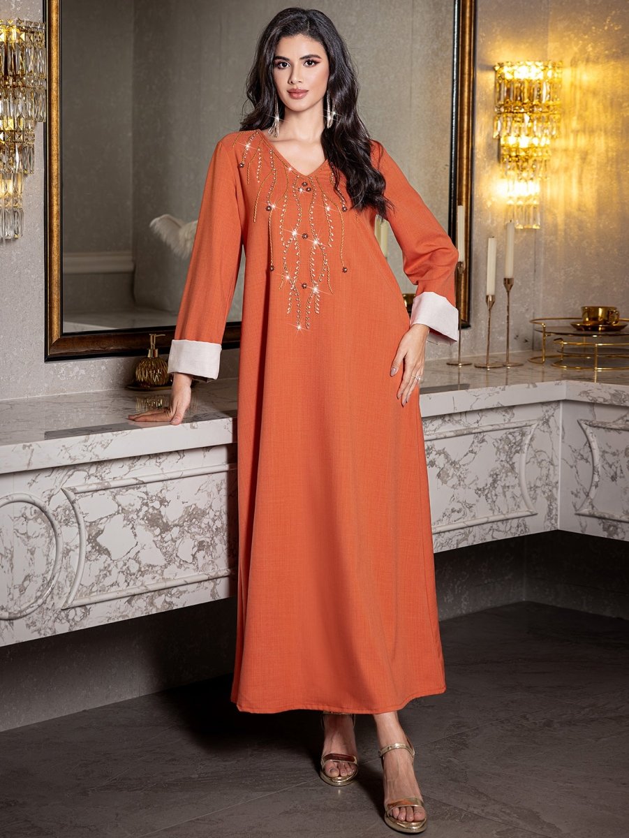 Elegant Orange V-Neck Loose Hand-Sewn Diamond & Pearl Embellished Long Dress with Contrast Cuffs Abaya (MA191)