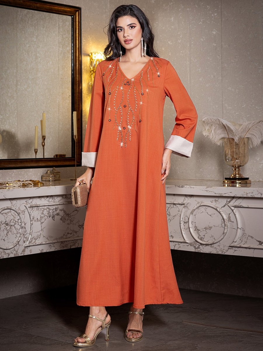 Elegant Orange V-Neck Loose Hand-Sewn Diamond & Pearl Embellished Long Dress with Contrast Cuffs Abaya (MA191)