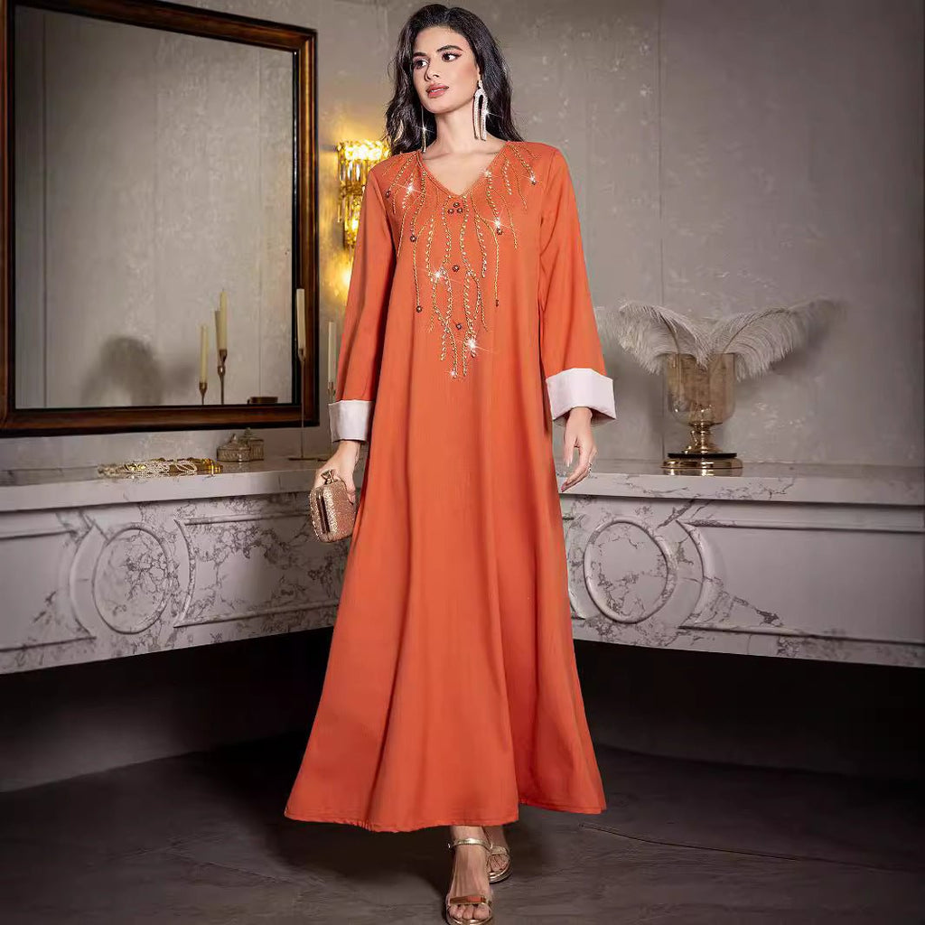 Elegant Orange V-Neck Loose Hand-Sewn Diamond & Pearl Embellished Long Dress with Contrast Cuffs Abaya (MA191)