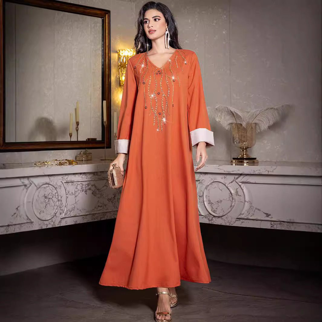 Elegant Orange V-Neck Loose Hand-Sewn Diamond & Pearl Embellished Long Dress with Contrast Cuffs Abaya (MA191)