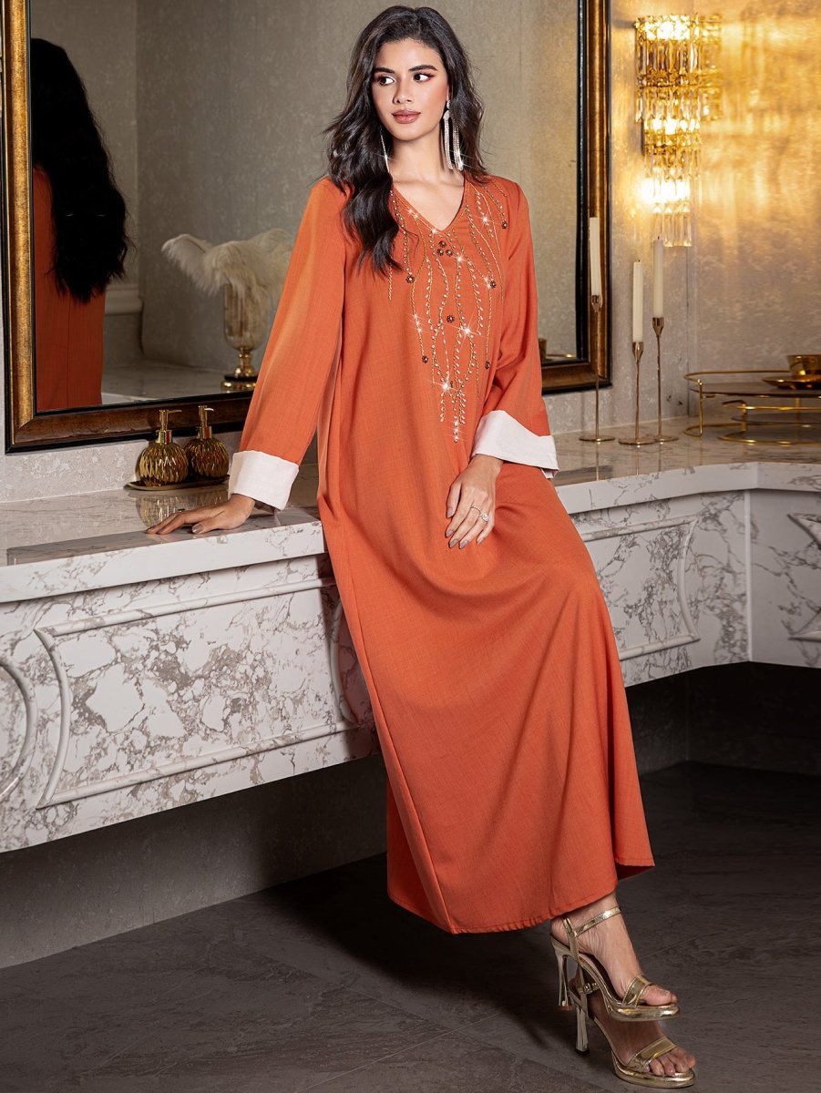 Elegant Orange V-Neck Loose Hand-Sewn Diamond & Pearl Embellished Long Dress with Contrast Cuffs Abaya (MA191)