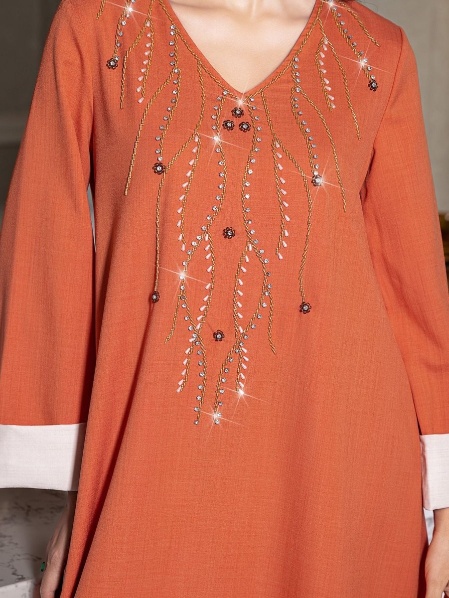 Elegant Orange V-Neck Loose Hand-Sewn Diamond & Pearl Embellished Long Dress with Contrast Cuffs Abaya (MA191)