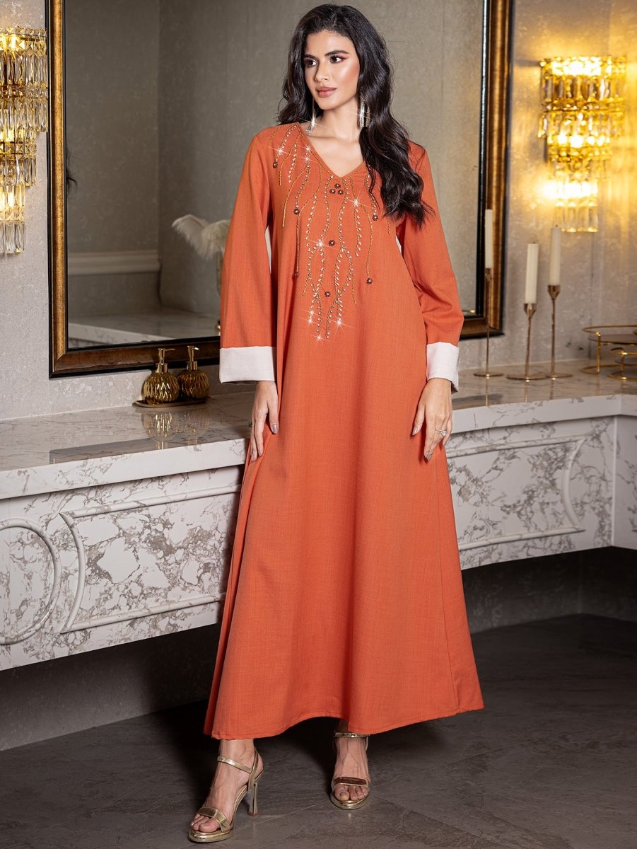 Elegant Orange V-Neck Loose Hand-Sewn Diamond & Pearl Embellished Long Dress with Contrast Cuffs Abaya (MA191)