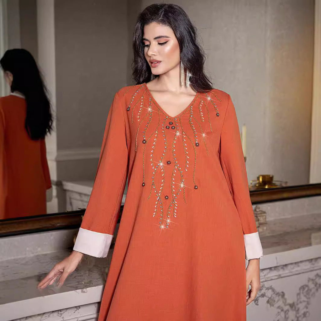 Elegant Orange V-Neck Loose Hand-Sewn Diamond & Pearl Embellished Long Dress with Contrast Cuffs Abaya (MA191)