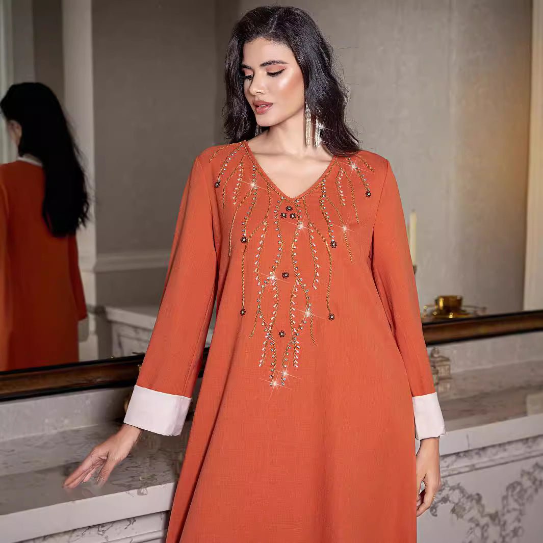 Elegant Orange V-Neck Loose Hand-Sewn Diamond & Pearl Embellished Long Dress with Contrast Cuffs Abaya (MA191)