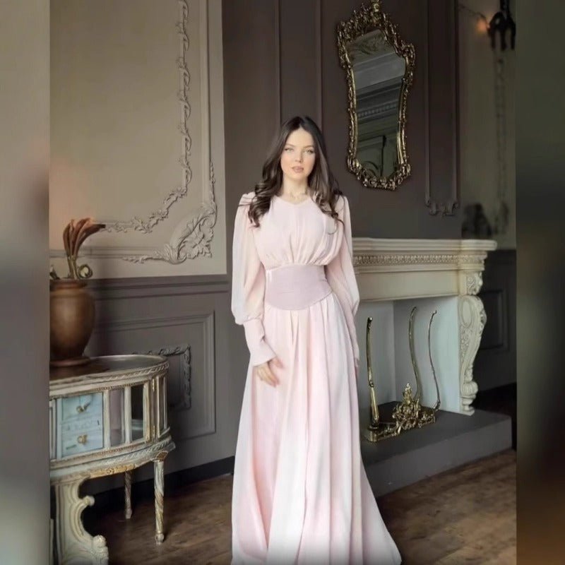 Elegant Pearl-Accented Bubble Sleeve Dress with Spliced Waist(MA297)