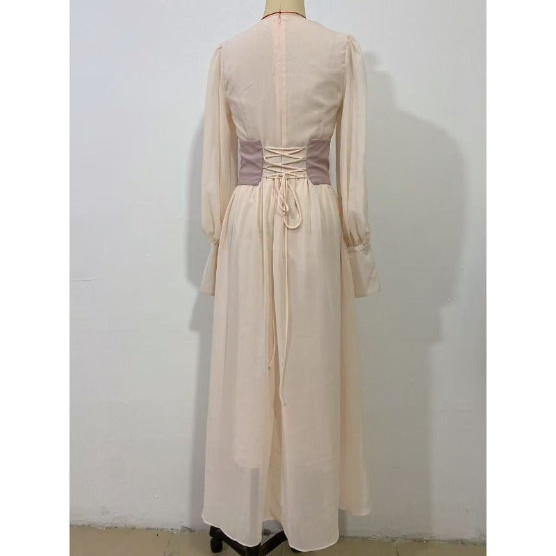 Elegant Pearl-Accented Bubble Sleeve Dress with Spliced Waist(MA297)