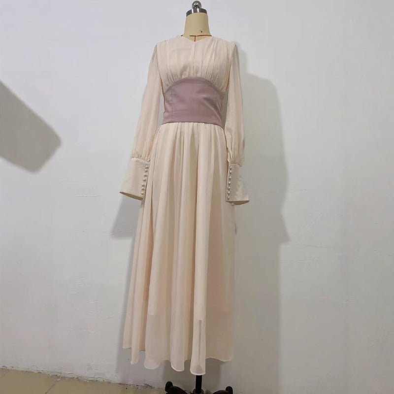 Elegant Pearl-Accented Bubble Sleeve Dress with Spliced Waist(MA297)