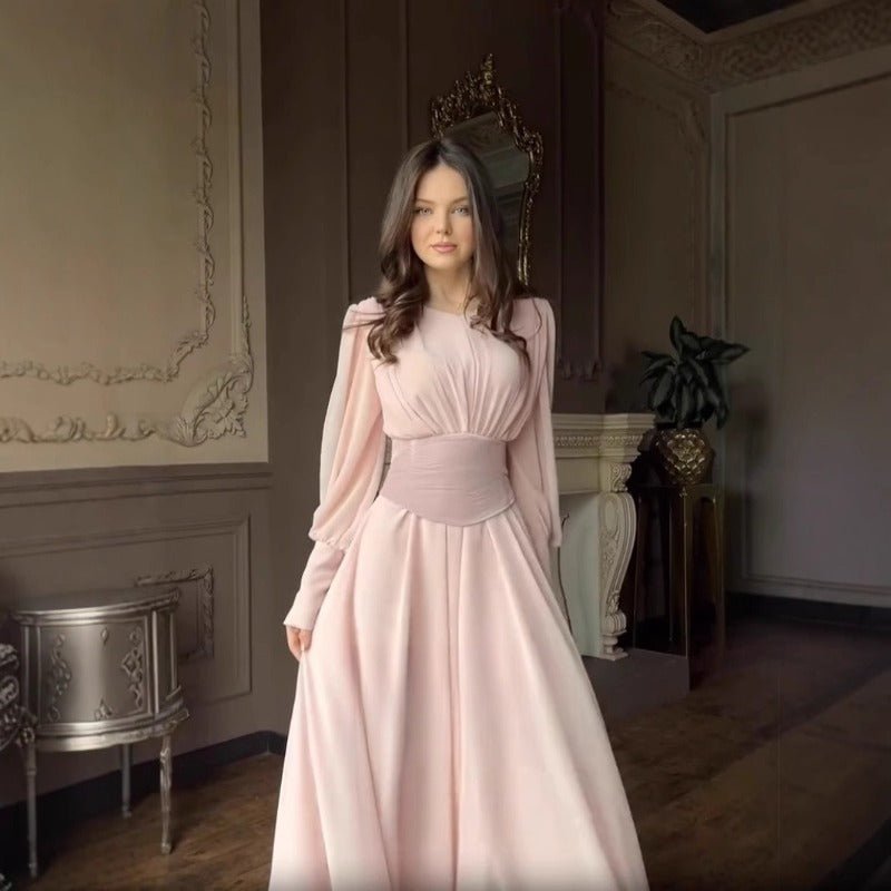 Elegant Pearl-Accented Bubble Sleeve Dress with Spliced Waist(MA297)