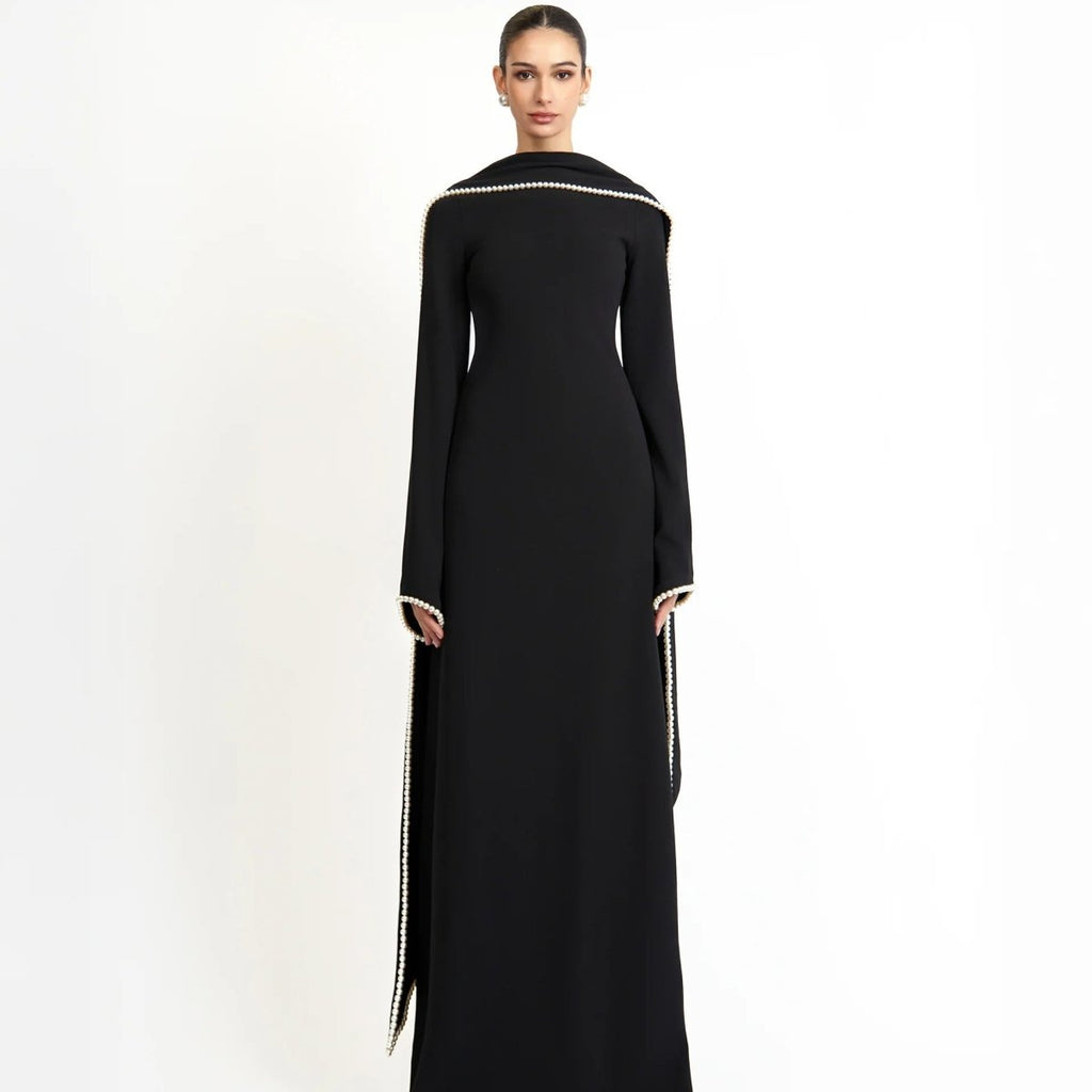 Elegant Pearl Embellished Cape Sleeve Evening Dress(MA337)