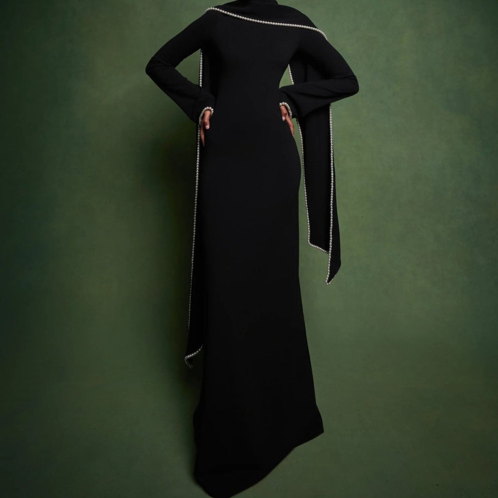 Elegant Pearl Embellished Cape Sleeve Evening Dress(MA337)